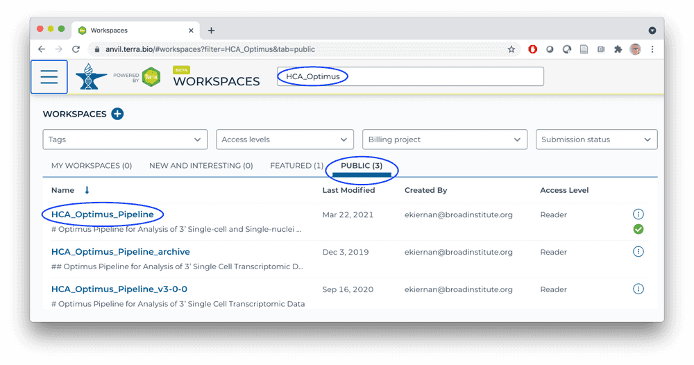 Navigate to the HCA Optimus Pipeline Workspace