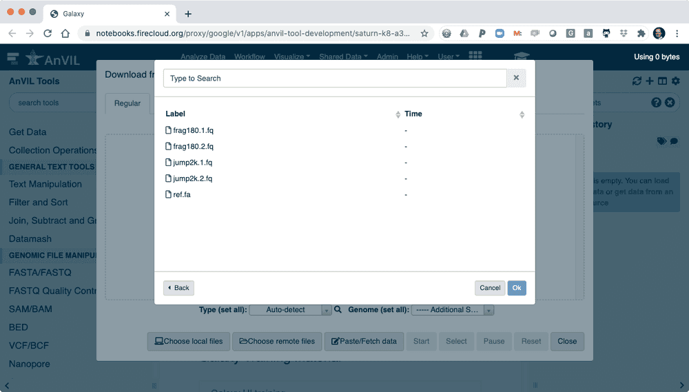 Browsing files in the AnVIL/Terra Workspace